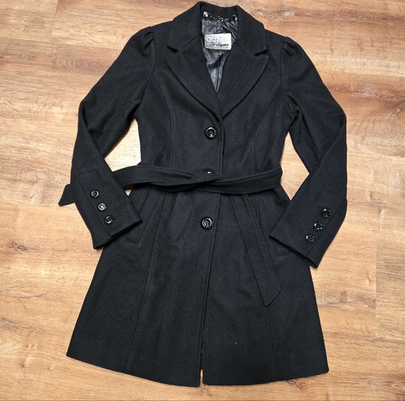 Guess Elegant Black Button Up Trench Coat With Tie Belt Wool Blend Size Small - Picture 1 of 9